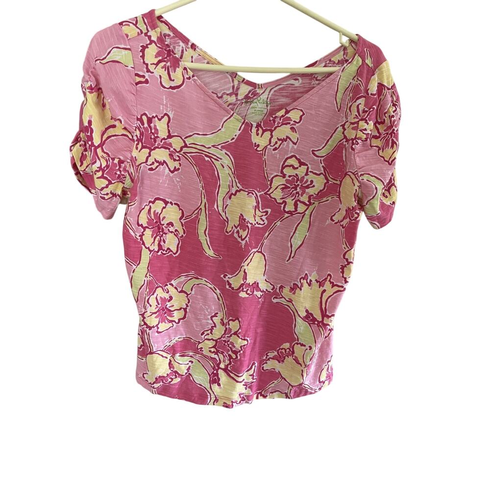 Lilly Pulitzer Womens T Shirt XL Short Sleeve Cotton,  Tops, Pink Floral Coastal